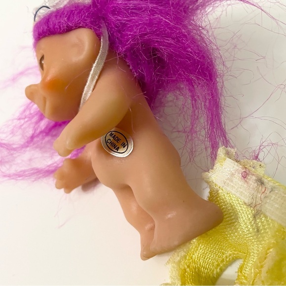 Vtg 1986 Dam Troll Mini Purple Hair Yellow Dress - Picture 13 of 16